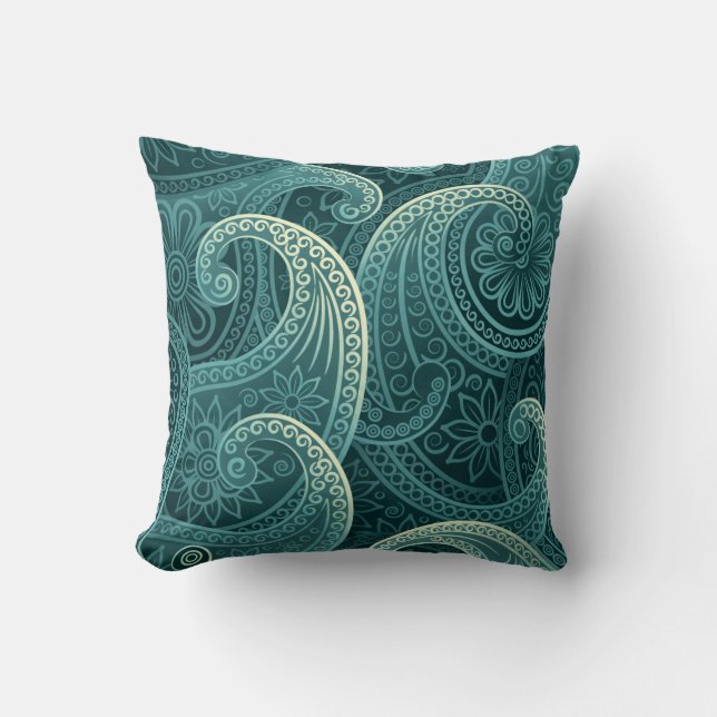 Teal Paisley Timeless Pattern Throw Pillow (Front)