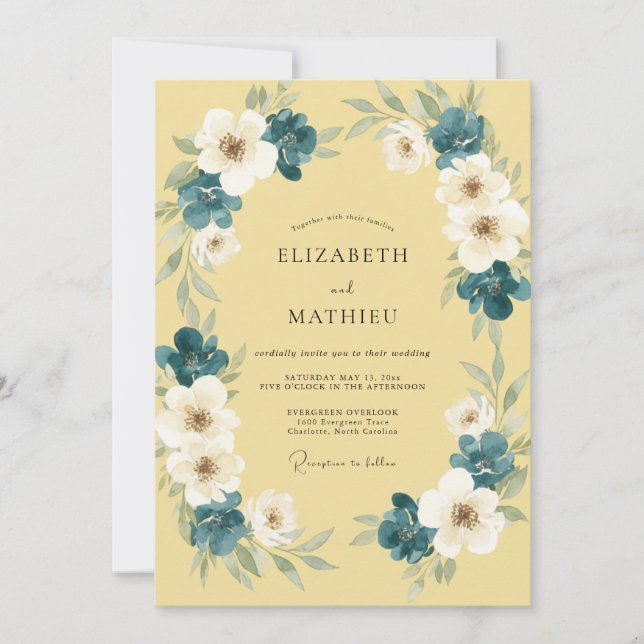 Teal Pale Yellow Wreath Wedding Invitation (Front)