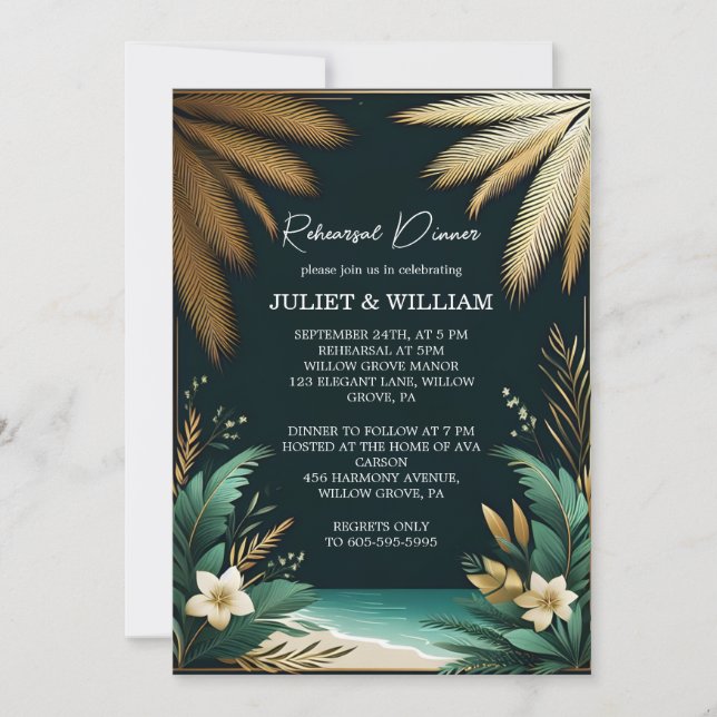 Teal Palm Beach Green And Gold Rehearsal Dinner Invitation (Front)