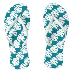 Teal palm leaf print beach slippers or flip flops
