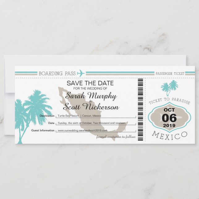 Teal Palm Tree Save the Date Boarding Pass (Front)