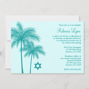 Teal Palm Tree Tropical Bat Mitzvah Invitations