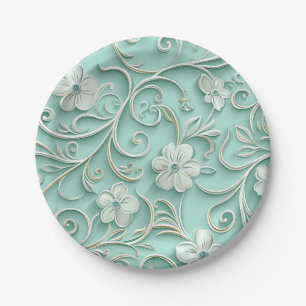 Teal paper flower seamless pattern plate