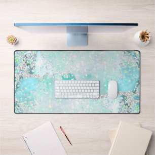teal pastel blue chunky glitter design desk mat