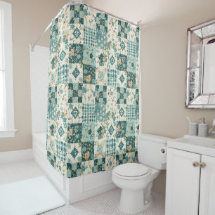 Teal Patchwork Quilt Rustic Floral Retro
