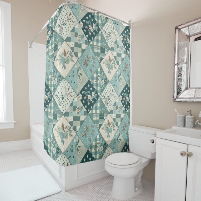 Teal Patchwork Quilt Rustic Floral Retro  (In Situ)