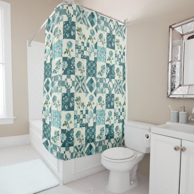 Teal Patchwork Quilt Rustic Floral Retro  (In Situ)