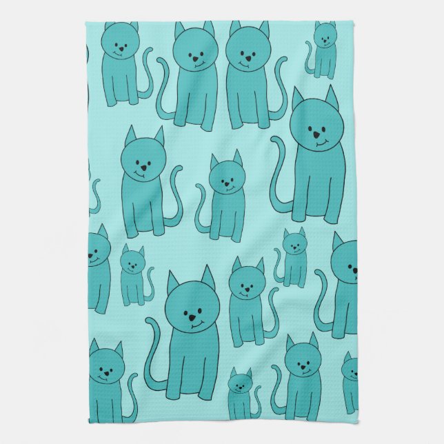 Teal Pattern of Cute Cats. Kitchen Towel (Vertical)