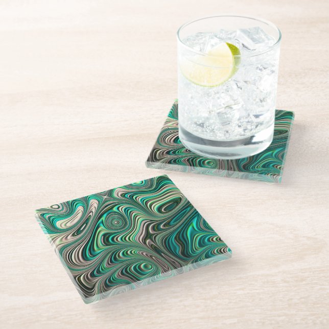 Teal Paua Abalone Shell Fractal Abstract Pattern Glass Coaster (Angled)