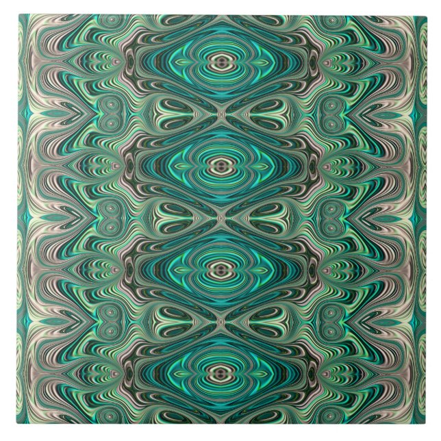 Teal Paua Art Nouveau Fractal Pattern Tile (Front)