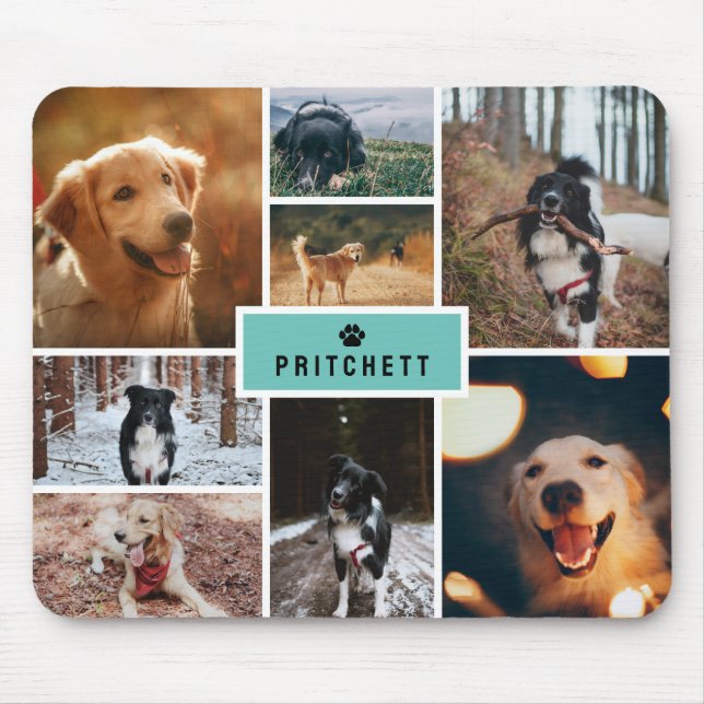 Teal Paw Dog Photo Collage & Monogram Mouse Pad (Front)