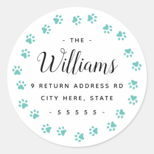 Teal paw prints return address labels