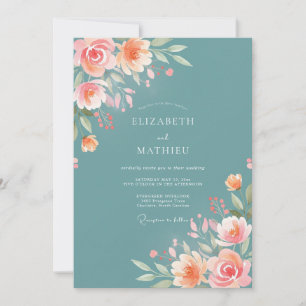 Teal Peach Blossom Flourish Wedding Invitation