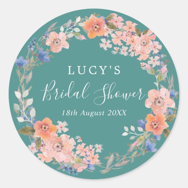 Teal & Peach Bridal Shower Floral Wreath Classic Round Sticker (Front)