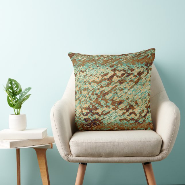 Teal Peach Brown Mottled Ink Stain Angled Texture Throw Pillow (Chair)