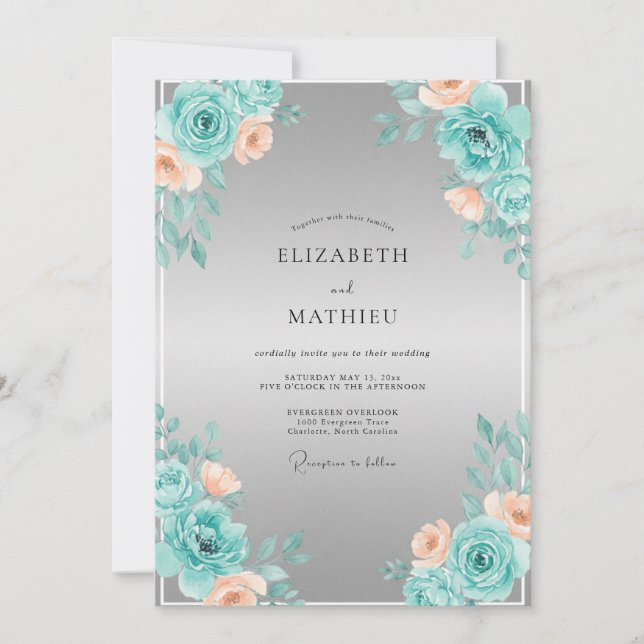 Teal Peach Floral Romance Wedding Invitation (Front)