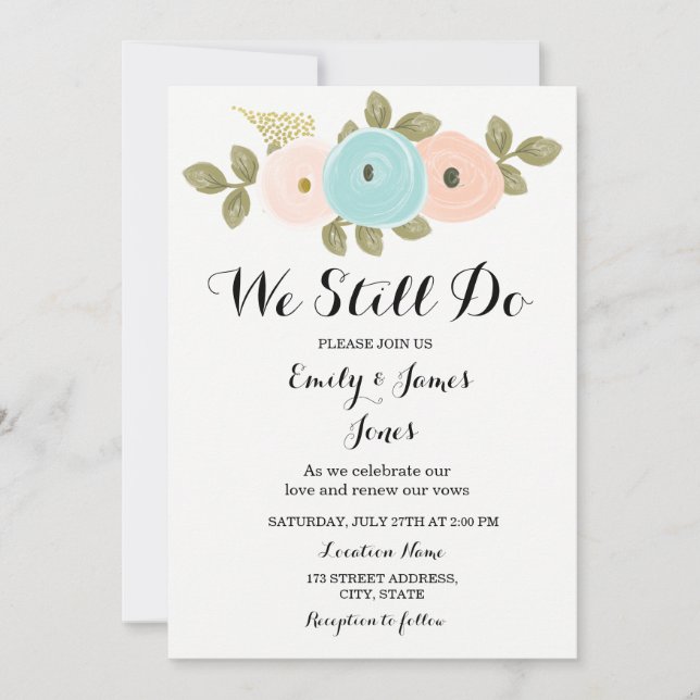 Teal Peach Floral Wedding Anniversary Vow Renewal Invitation (Front)