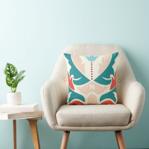 Teal Peach Orange Burgundy Modern Damask Pillow