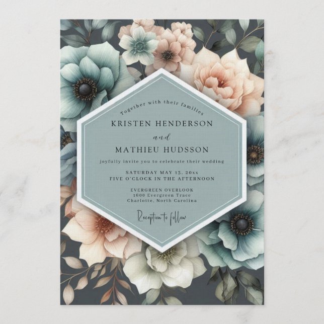 Teal & Peach Painterly Bloom Wedding Invitation (Front)