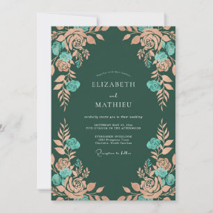Teal Peach Rustic Floral Wedding Invitation