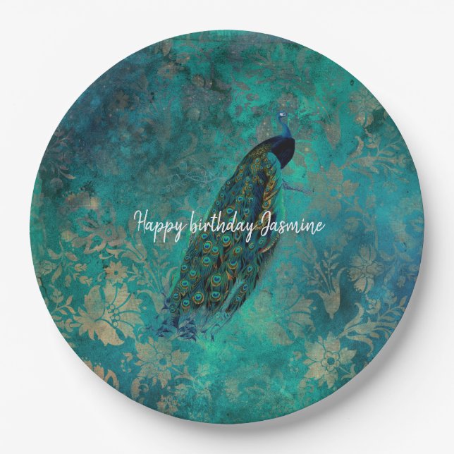 Teal Peacock Birthday Paper Plate (Front)