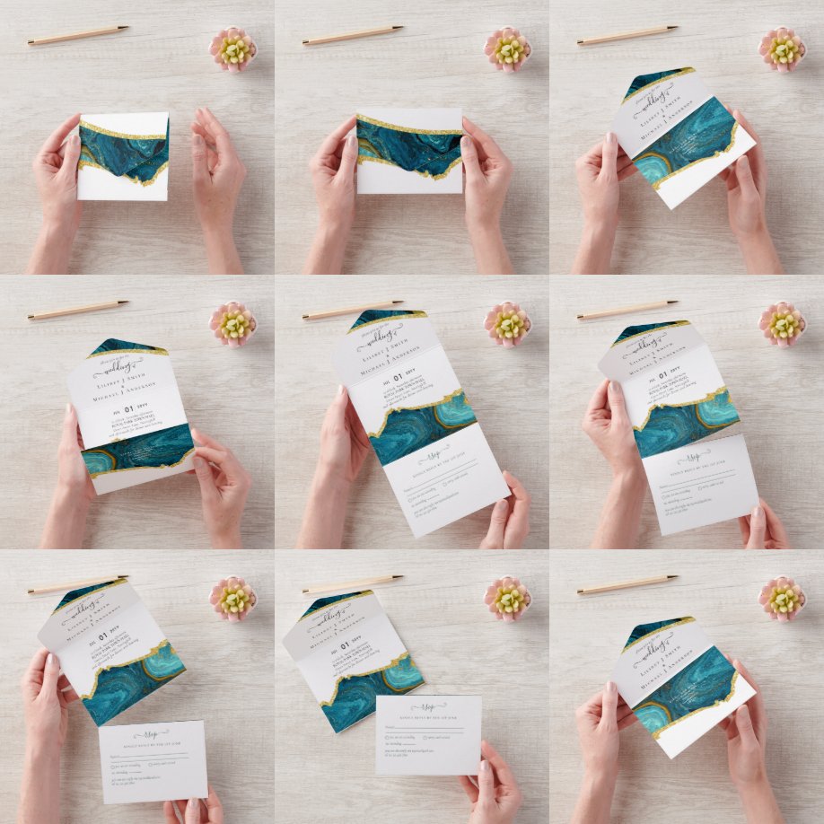Teal Peacock Blue Gold Agate Wedding All In One Invitation