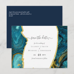 Teal Peacock Blue Gold Agate Wedding Postcard