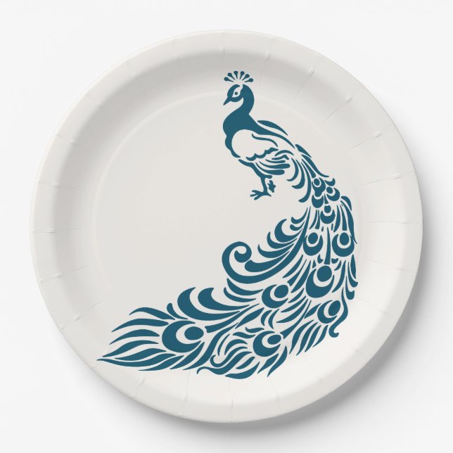 Teal Peacock Bold Stylish Art Deco Design Paper Plate (Front)