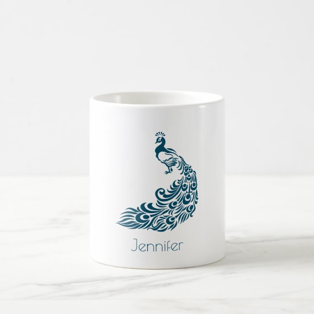 Teal Peacock Bold & Stylish Art Deco Personalized Coffee Mug (Center)
