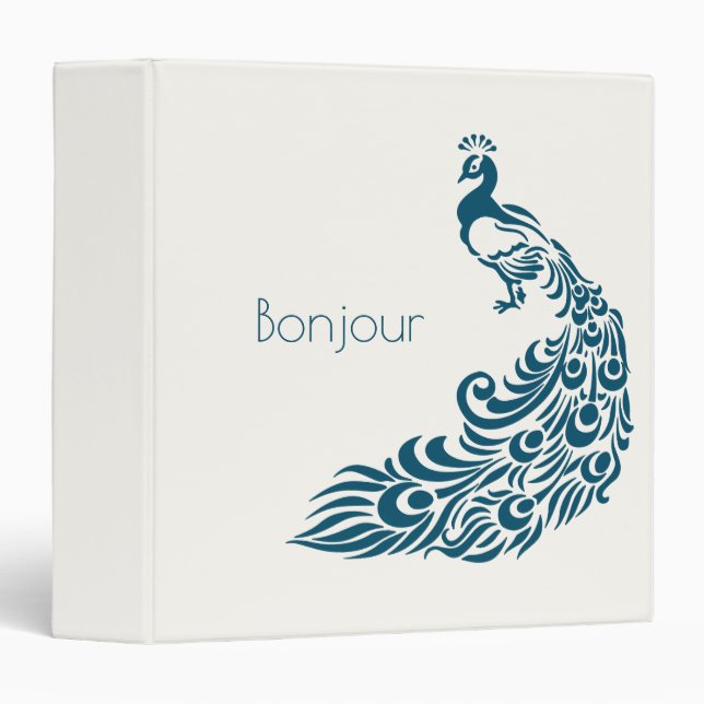 Teal Peacock Bonjour Fancy Stylish Art Deco Design Binder (Front/Spine)