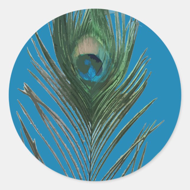 Teal Peacock Feather Classic Round Sticker (Front)