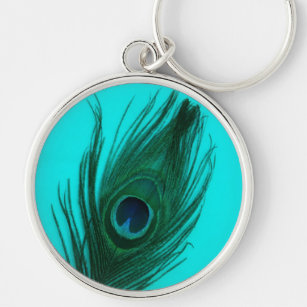 Teal Peacock Feather Large Premium Keychain