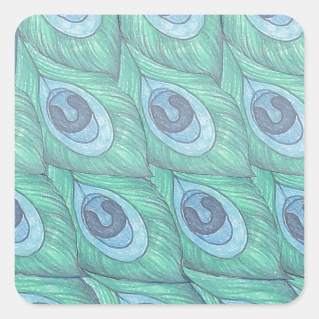 Teal Peacock Feather Pattern Design Square Sticker (Front)