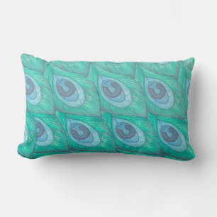 Teal Peacock Feather Pattern ~ Lite Blue Back Lumbar Pillow