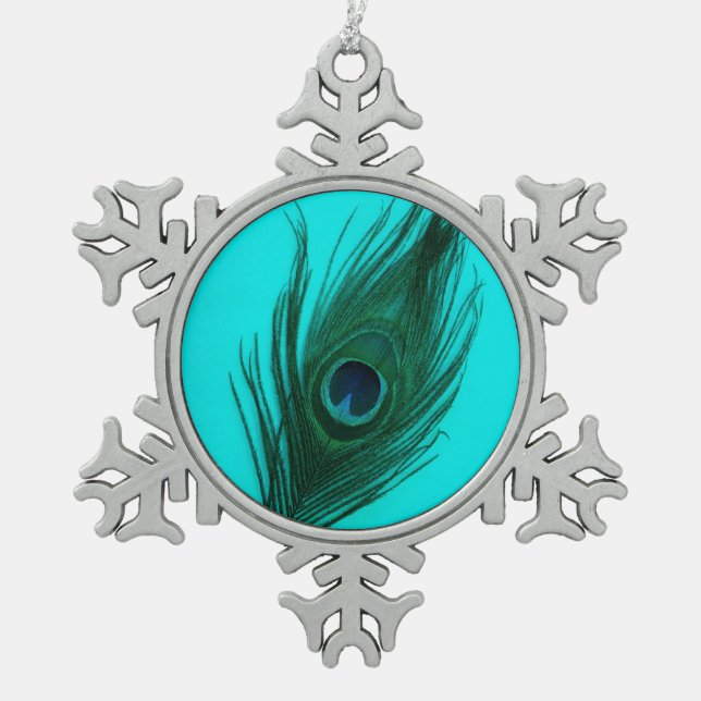 Teal Peacock Feather Snowflake Pewter Christmas Ornament (Front)