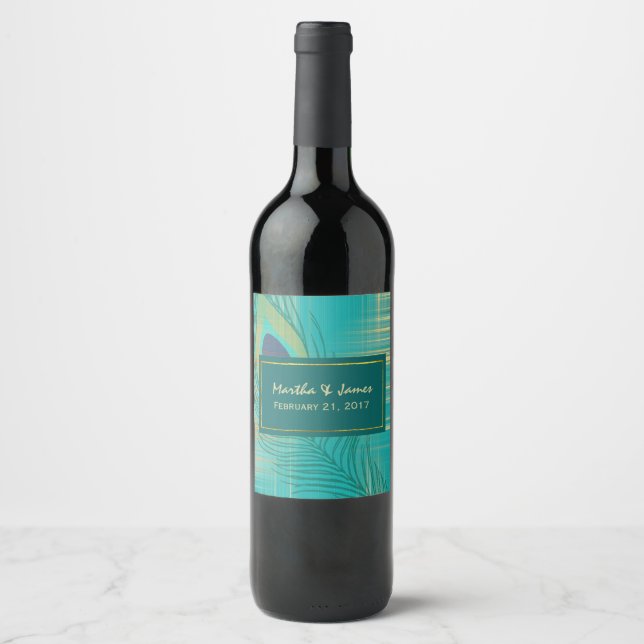 Teal Peacock Feather Wedding Wine Label (Front)