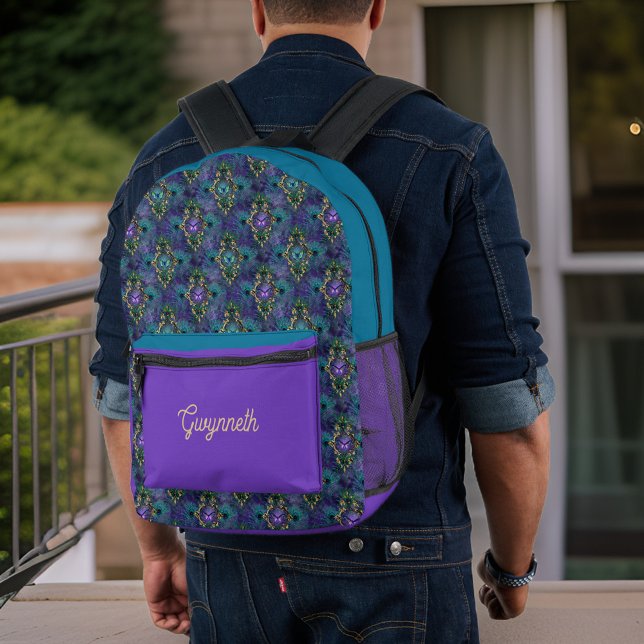 Teal Peacock Feathers and Purple Gold Monogram Printed Backpack (Creator Uploaded)