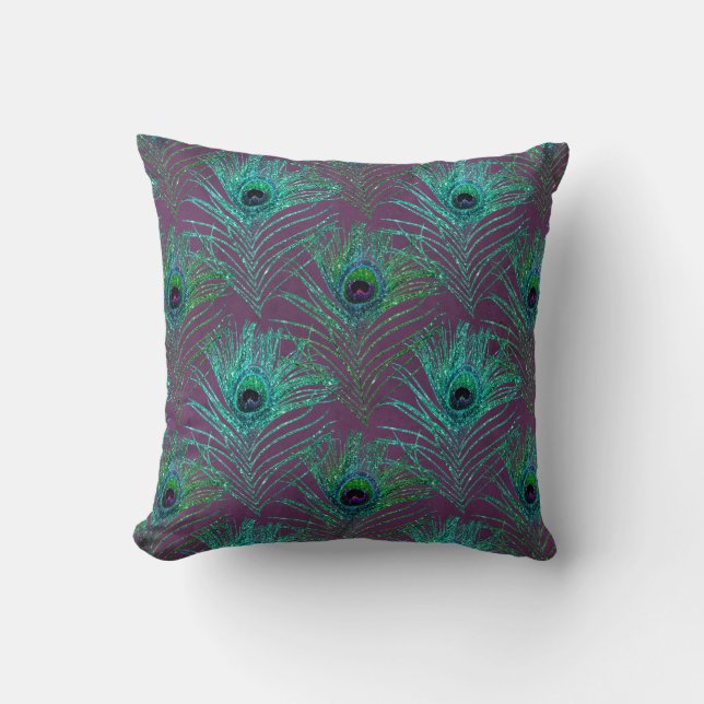 Teal Peacock Feathers on Purple Throw Pillow (Front)