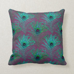 Teal Peacock Feathers on Purple Throw Pillow