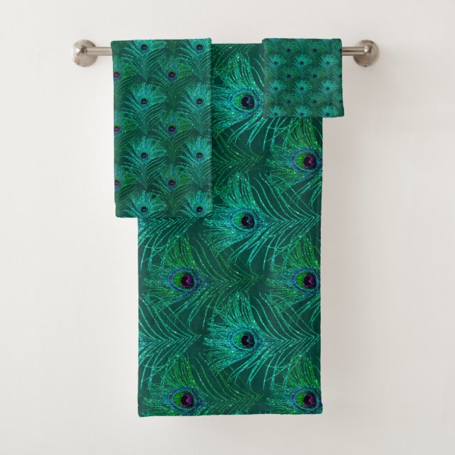 Teal Peacock Feathers Pattern  Bath Towel Set (Insitu)