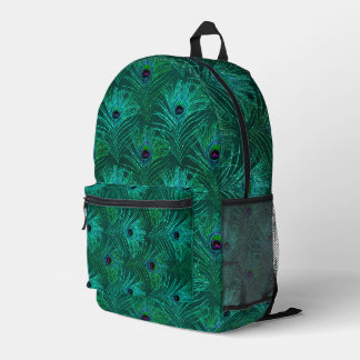 Teal Peacock Feathers Pattern  Printed Backpack