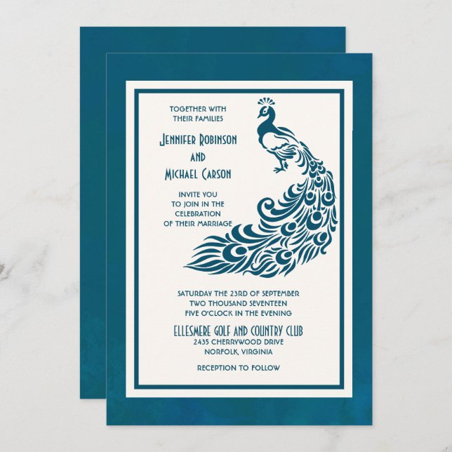 Teal Peacock l Bold Stylish Art Deco Design Invitation (Front/Back)