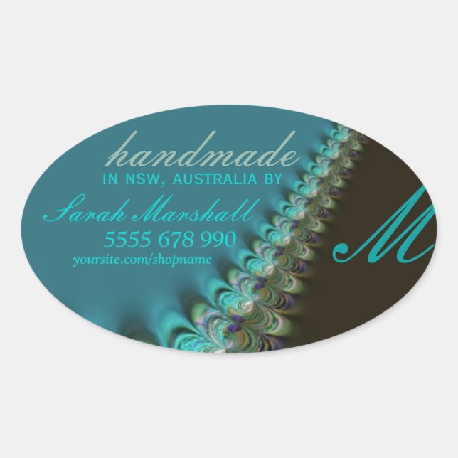 Teal Peacock Lace Handmade Label Oval Sticker (Front)