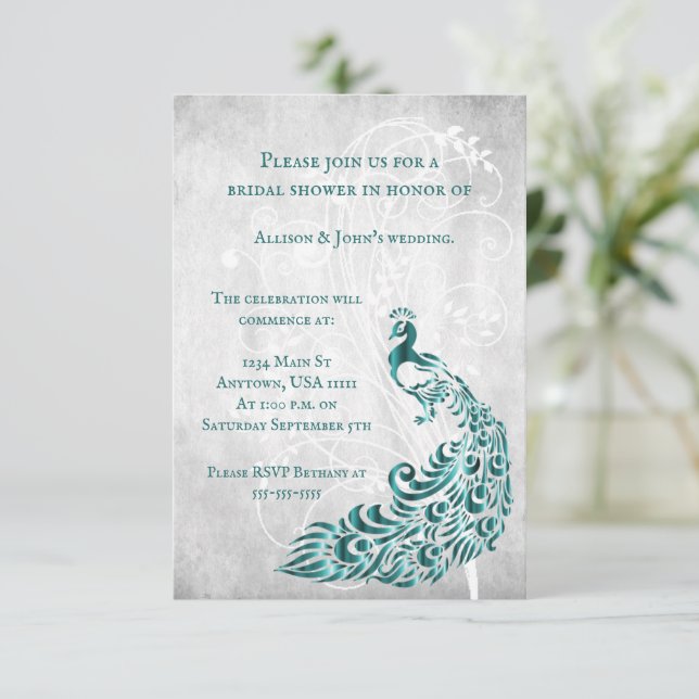 Teal Peacock Leaf Vine Bridal Shower Invite (Standing Front)