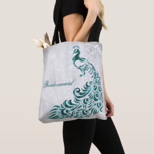 Teal Peacock Leaf Vine Bridesmaid Tote Bag