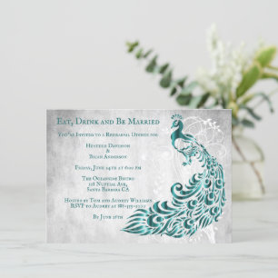 Teal Peacock Leaf Vine Rehearsal Dinner Invite