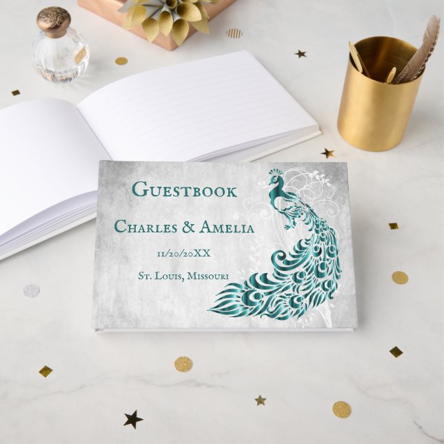 Teal Peacock Leaf Vine Wedding Guestbook (Front Open)