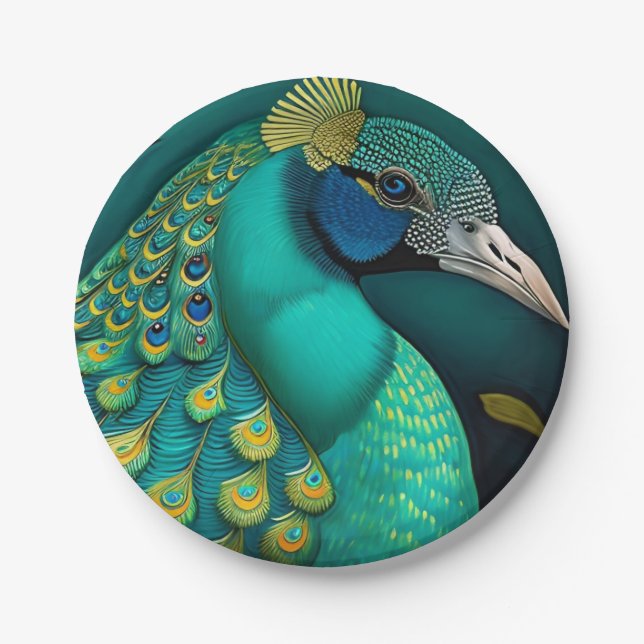 Teal Peacock Paper Plates (Front)