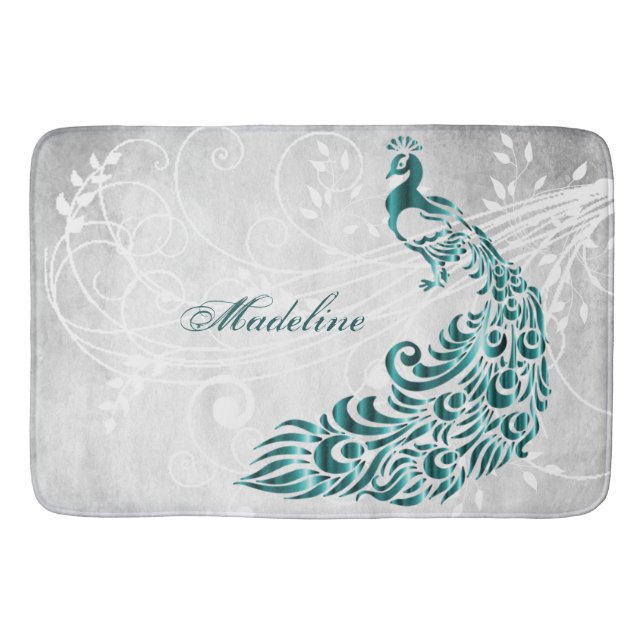 Teal Peacock Personalized Bath Mat (Front)