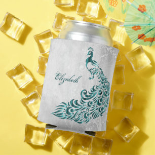 Teal Peacock Personalized Can Cooler